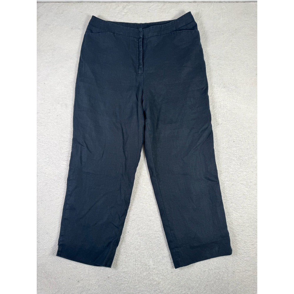 Jones New York Signature Pants Women 12 Navy Blue Good 100% Linen Straight Leg